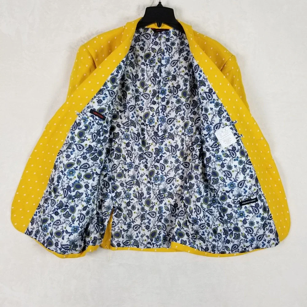 Linea Uomo Blazer Mens 52R Yellow Linen Blend Micro Teardrop Paisley Lined S3100